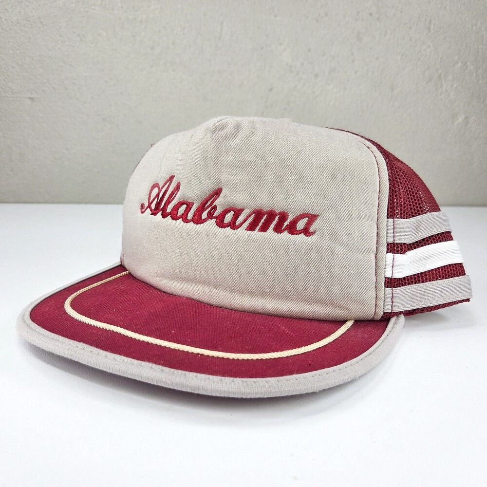 Vintage 1970s Alabama Crimson Tide Script 3 Stripe Mesh Trucker Hat Snapback